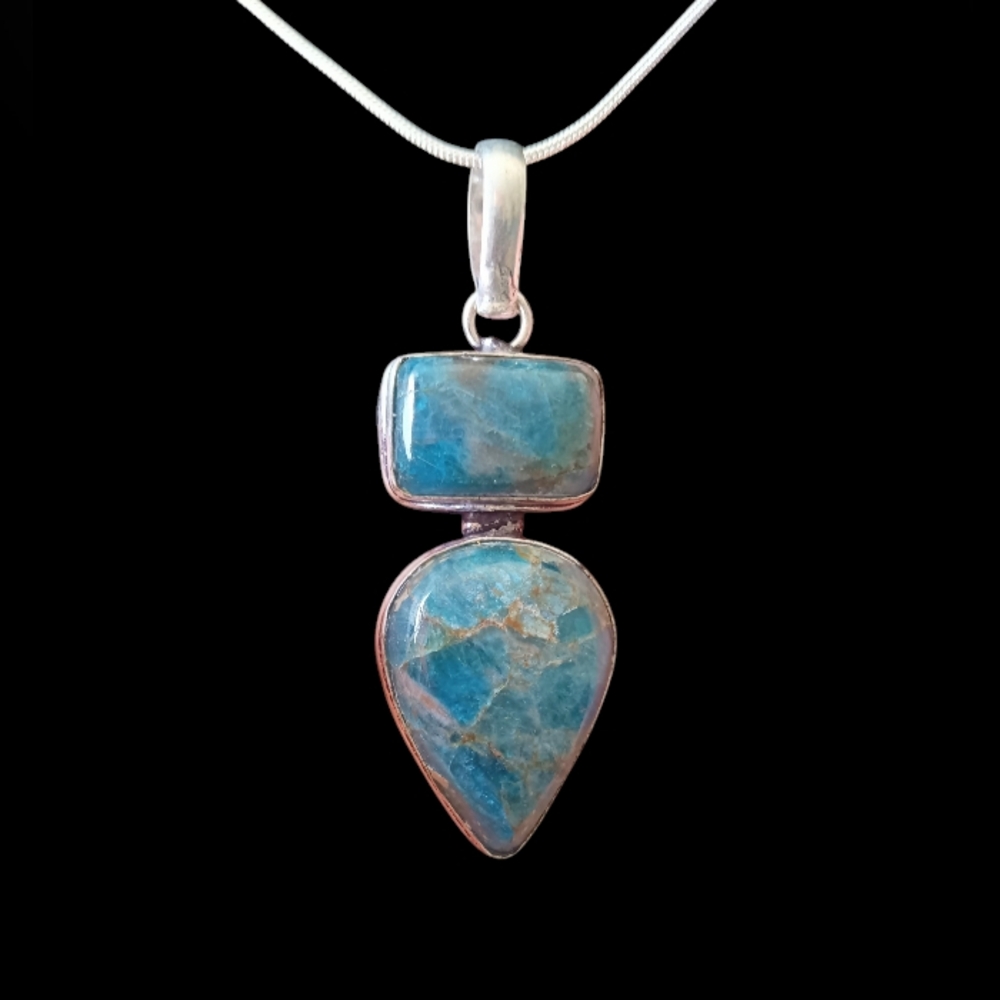 Double Natural Blue Apatite Crystal 925 Sterling Silver Necklace 18"